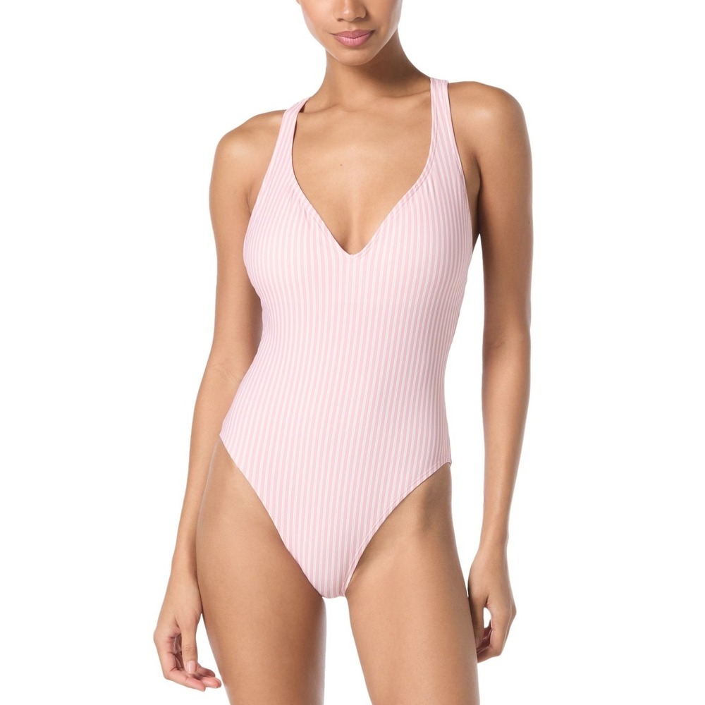 NWT Michael Kors One Piece Swimsuit Women Pink Striped Ring Detail Size 12 $122